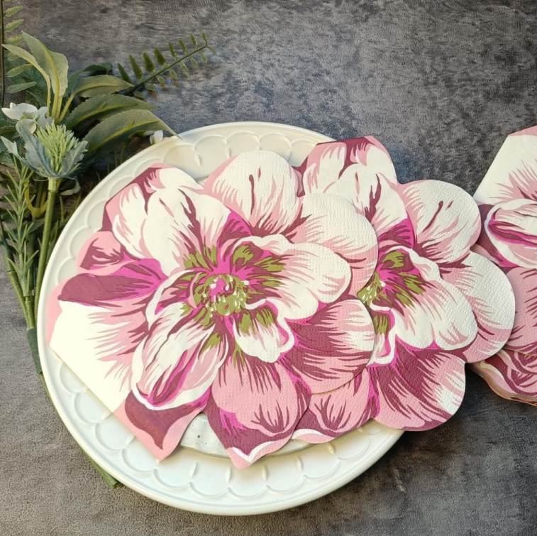 Pembe & Beyaz Çiçek Desenli Çift Katlı Tek Kullanımlık Dekoratif Kare Peçeteler